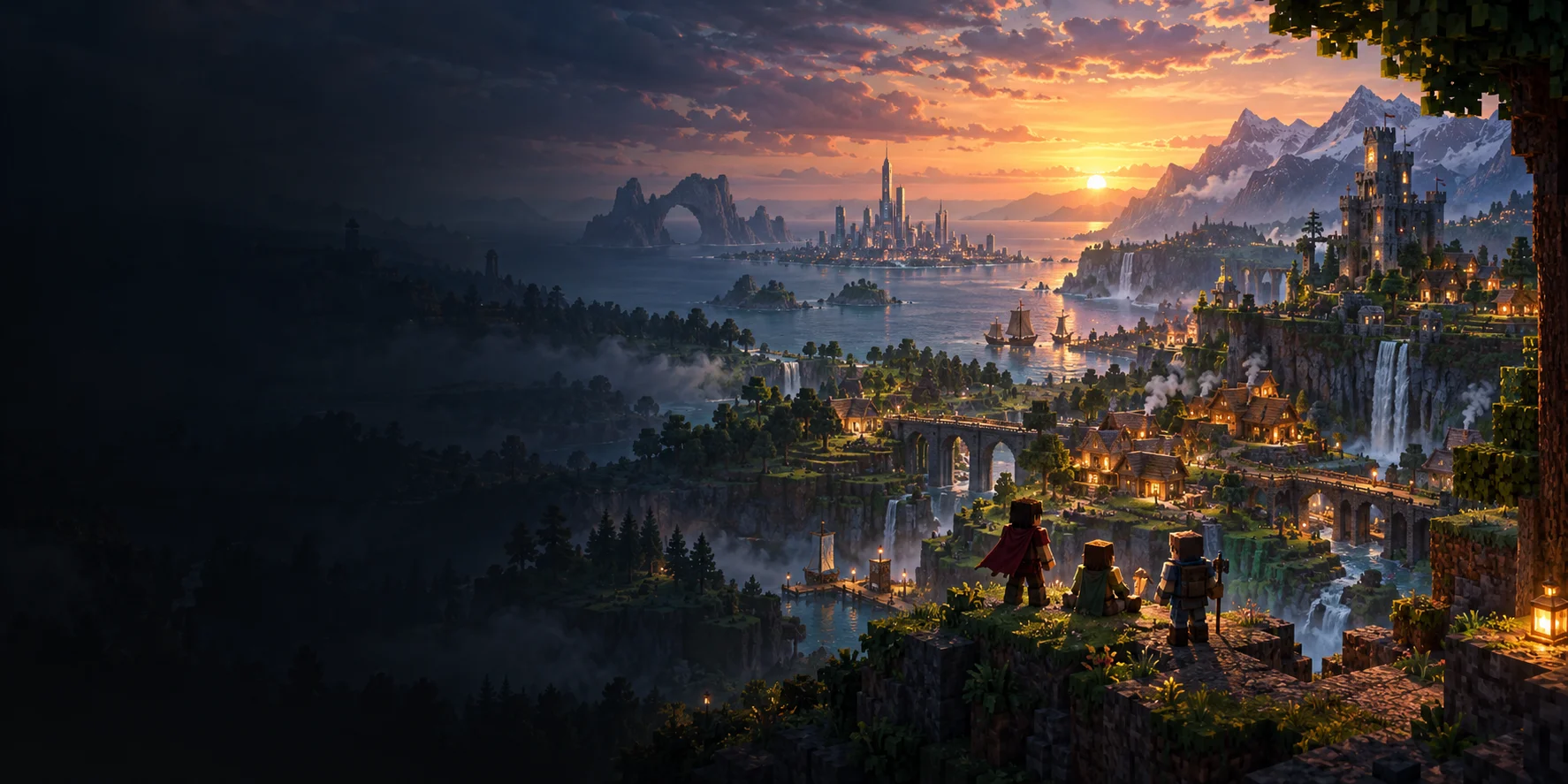 Adventurers overlooking a block-built world of villages and mountains