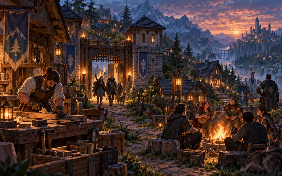 Adventurers building and gathering in a welcoming shared village